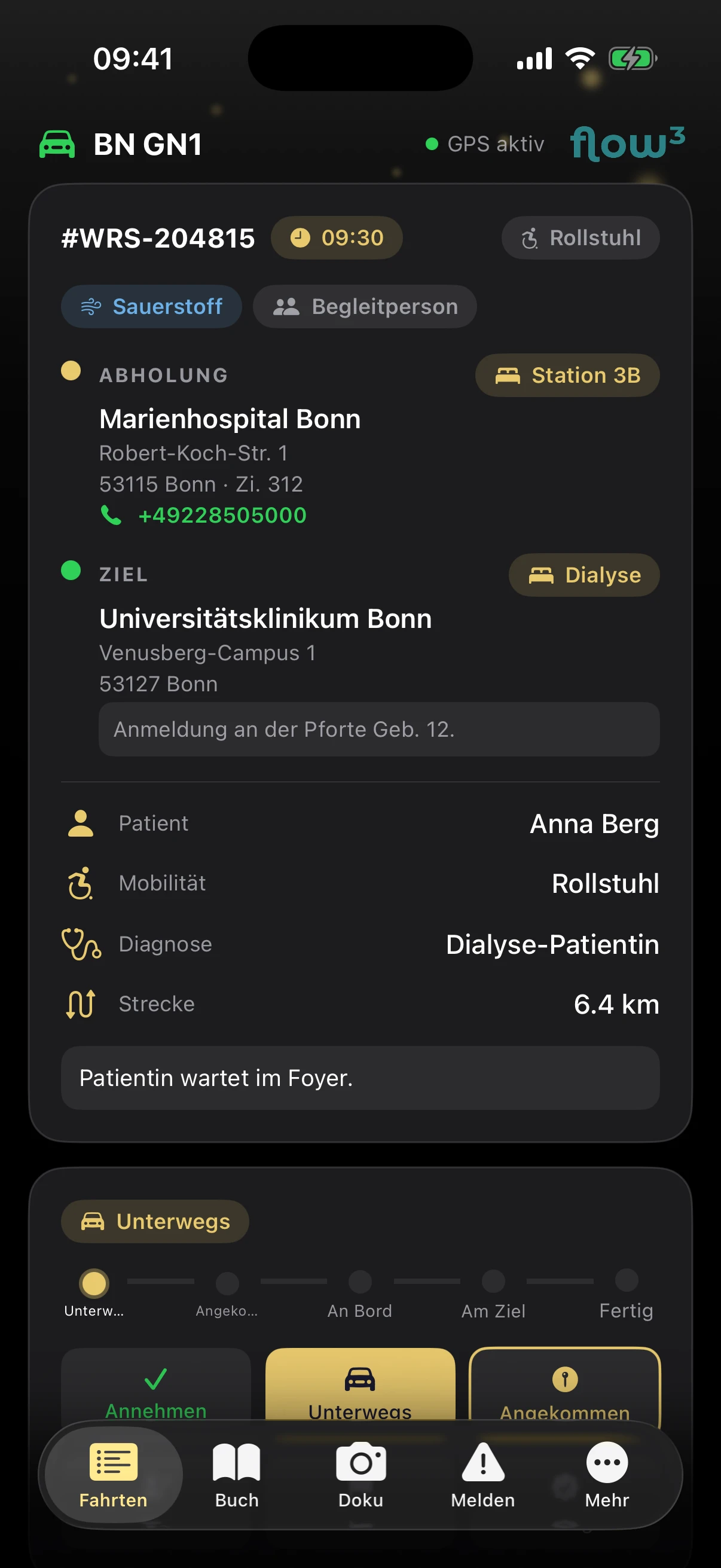 flow³ Fahrer-App – Aktuelle Fahrt
