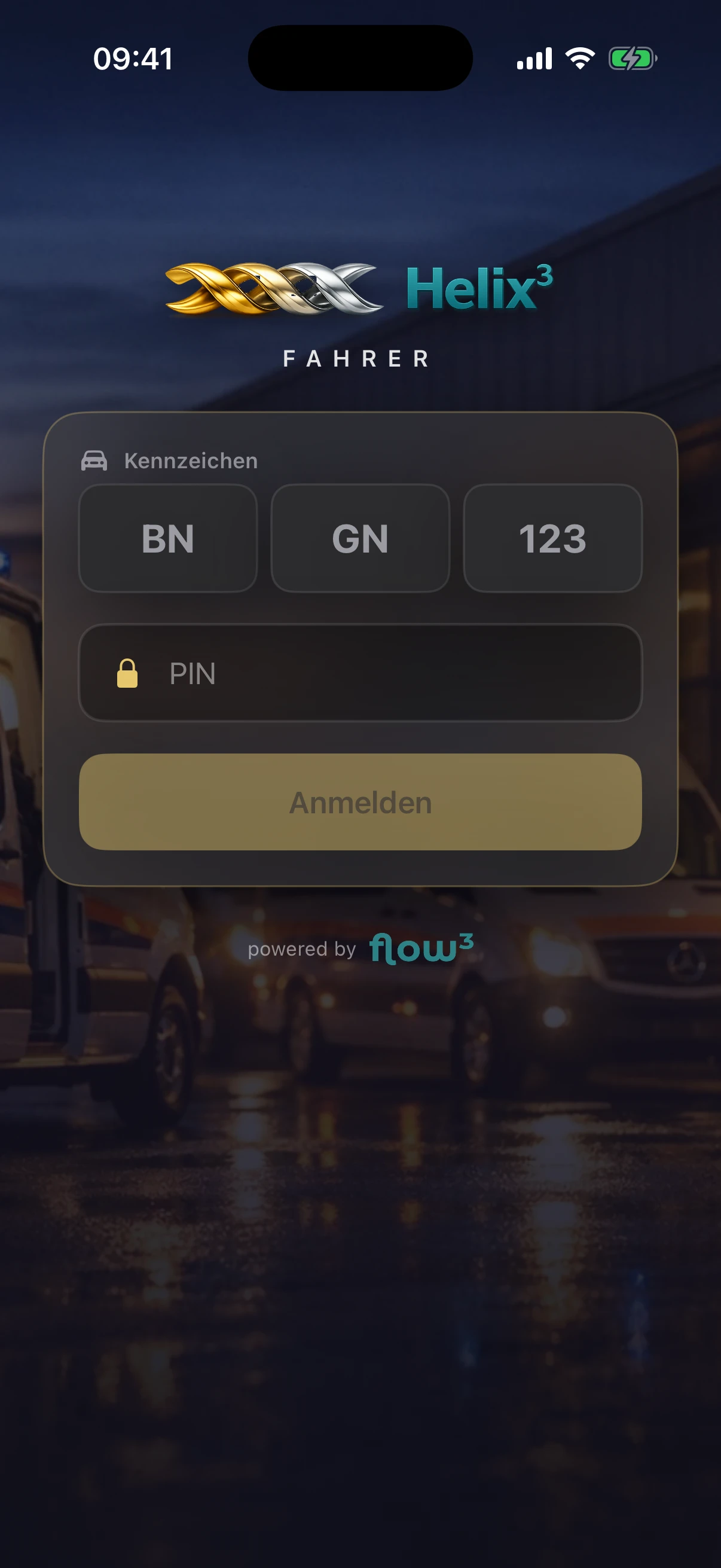 flow³ Fahrer-App – Fahrzeug-Login