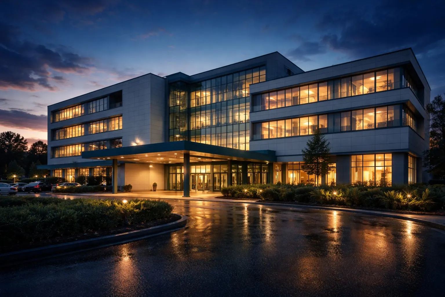 Modernes Krankenhaus bei Dämmerung